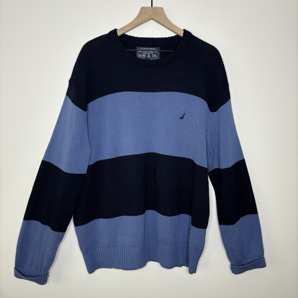 Nautica Sweater Men‎ XXL 2XL Blue Stripe Crewneck Heavy Knit Grandpa Fisherman